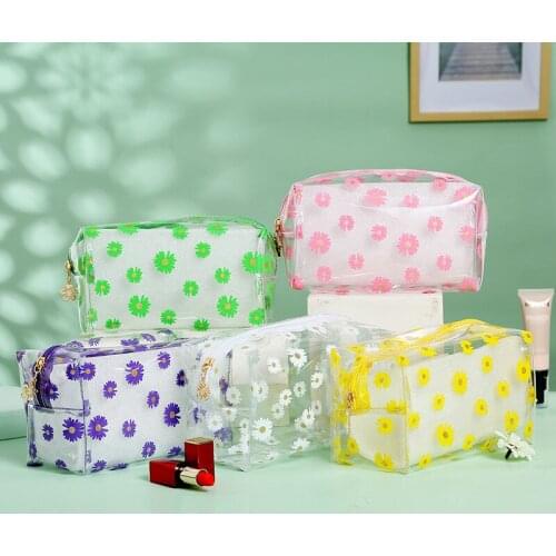 Q Cosmetic Bags Transparent PVC Daisy Print High-capacity Waterproof Korean Style Travel Toiletry Bag Portable for Female