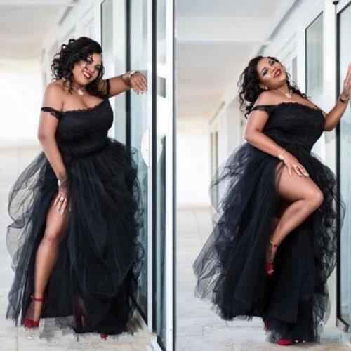 Plus Size Appliques Evening Gowns Black robe de soiree longue Off Shoulder Formal Party Dresses Spaghetti abiye Vestidos