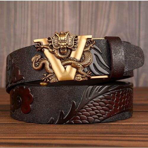 New Fashion Casual Men Belt Genuine Leather Male Top Quality Dragon Automatic Buckle V Belt For Men Jeans Ratchet Waist Belt