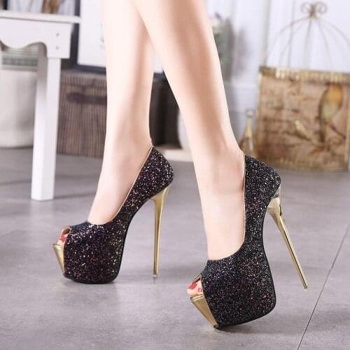 Aneikeh New Women Pumps Bling Sexy 16 CM Ultra High High-heeled Shoes Peep Toe Pumps Party Dress Shoes Zapatos Mujer Size 34-40