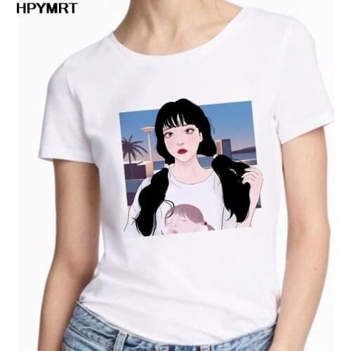 Beauty Girl with a ponytail Print T Shirt Women Short Sleeve Round Neck White Summer Tee Shirt Femme Casual Loose Tops Clothing