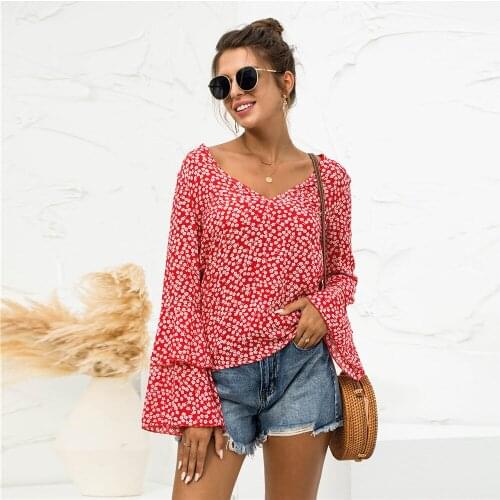 Fashion V-neck Floral Print Flare Sleeve T-shirt Top Women Spring Autumn New Casual Slim Elegant Red Chic Pullover Tee Female