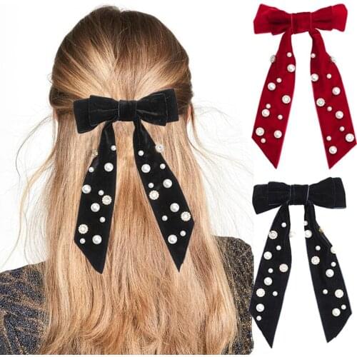 Haimeikang Fashion Pearl Rhinestone Hair Clip Women Knotting Bow Velvet Hairpin Headdress Solid Color Shiny Hair Accessories