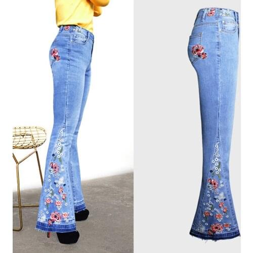 Ladies Casual High Waist Flare Embroidered Blue Casual Jeans Women Streetwear Skinny Vintage Jeans Female Fashion Denim Pants