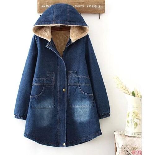 Plus velvet Warm Denim Coats Women Long Winter Thicken Warm Jackets Female Lamb Wool Coat Casual Loose Parkas Hooded Overcoat