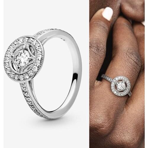 Original 925 Sterling Silver Pan Ring Retro Silver Round With Crystal Cz Ring For Women Wedding Party Gift Fashion Jewelry