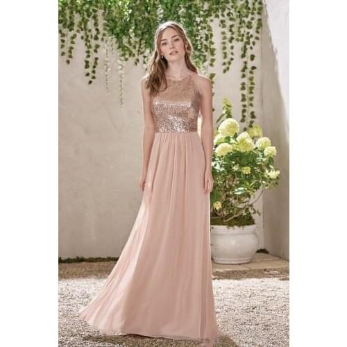 Rose Gold Cheap Dresses A Line Spaghetti Backless Sequins Chiffon Long Beach Wedding Gust Dress vestido de festa longo