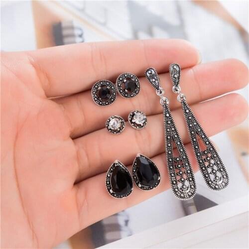 4 Pairs/Set Vintage Black Crystal Water Drop Round Stud Earring Sets For Women Fashion Wedding Bridal Jewelry Pendientes