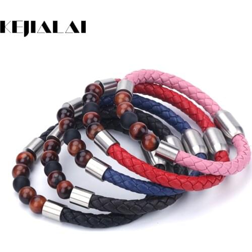 8mm Natural Pink Crystal Stone Bead Stainless Steel Charms Genuine Leather Customized Unisex Bracelet Bangle For Wedding Gift