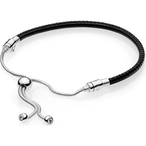 100% 925 Sterling Silver Original Fit 1:1 Charms Moments Black Leather Slider Pan Bracelet