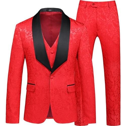 Red Wedding Men Suit Jacquard 3 pcs Set Blazers+Trouser+Vest Suit Men Slim Fit Grooms Marriage Party Dress Suit Annual meeting