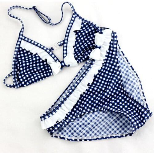 Medium Big Chidrens Two Pieces Red/Blue/Black Plaid Swim Suit Girls' Tight And High Elastic Bikinis Set With Bowknots Age 8-16