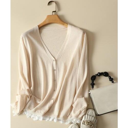 Sweet Style Thin Knitted Women Sweater Cardigan Lace Ruffles Patchwork Solid Office Lady Elegant Outwear Coats Tops