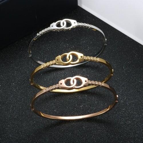 Fashion Handcuffs Shape Stainless Steel Bracelets Bangles CZ Crystal Bracelet For Women Girls Bride Wedding Party Jewelry Gift