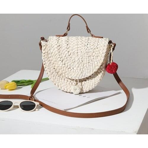 Fashion Woven Straw Saddle Bags for Women 2021 Casual Half Moon Shoulder Crossbody Bag Travel Rattan Beach Bag Handbag Purse Ins