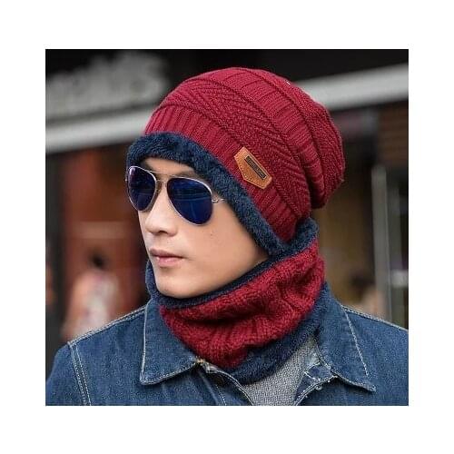 Fashion Outdoor Autumn and Winter Mens Beanies Plus Woolen Hat Thickened Hedging Hats and Scarf Two-piece Knitted Woolen Cap
