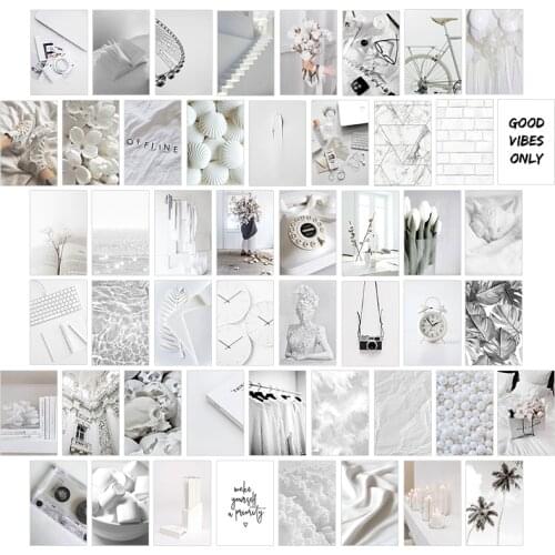 50Pcs White Neutral Light Grey Aesthetic Pictures Wall Collage Kits Cool Color Vsco Bedroom Home Decoration for Teens and Adults