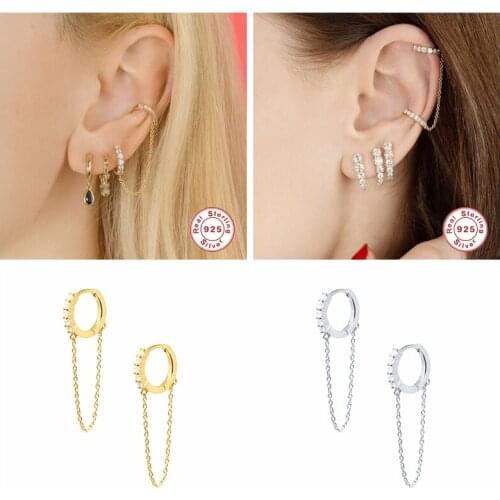 Real 925 Sterling Silver 1pcs Gothic Punk European Stud Earrings Link Chain for Women Girl Handcuff Chain Earrings Fine Jewelry