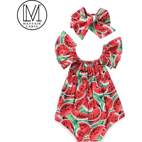 Newborn Baby Girls Clothes Watermelon Print Butterfly Sleeve Round Neck Bodysuit Bowknot Headband 2pc Cotton for Girl Summer set