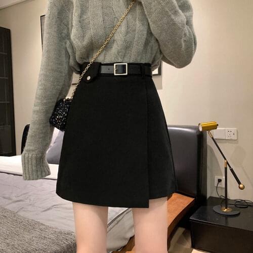 Autumn And Winter 2020 New High Waist Thin A-line Woolen Skirt Short Skirt all-match Bag Hip Black Skirt FemaleFree Belt