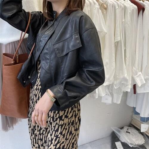 Autumn Short Faux Soft PU Leather Coat Women Korean Long Sleeve Pocket Motorcycle Jacket Loose Outerwear Ladies Streetwear G1360