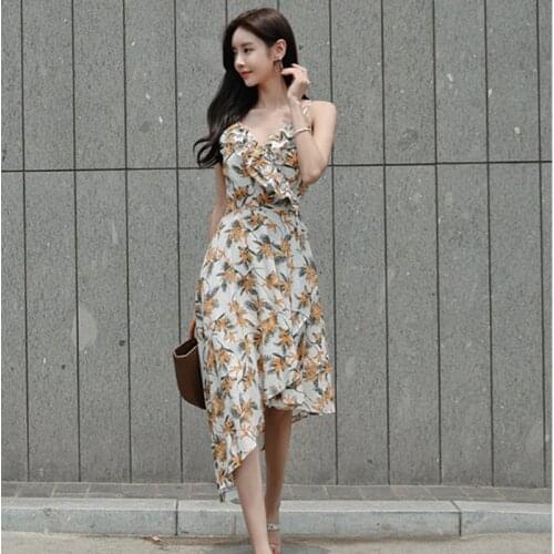 2020 Summer High-end Ruffles Vacation Dress Spaghetti Strap V Neck Sexy Asymmetrical Dress Women Streetwear Print Floral Dress