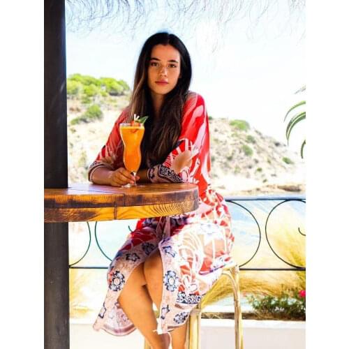 Fitshinling Oversize Beach Cover Up Kimono Vintage Print Floral Holiday Bikini Outing Boho Loose Long Cardigan Orange Covers New