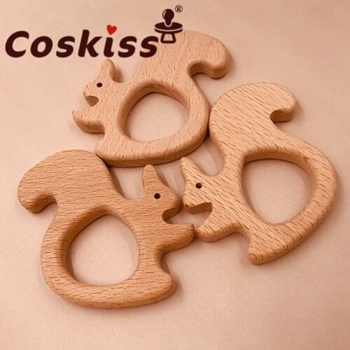 Coskiss Food Grade Squirrel Beech Wooden Teethers Baby Teether for Kids Childrens Toys Diy Making Wooden Rings Teething Toys