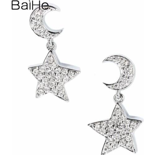 BAIHE Genuine Solid 14K White Gold 0.18ct H/SI Natural Diamonds Earrings Trendy Fine Jewelry Moon Star Stud For Women Cерьги