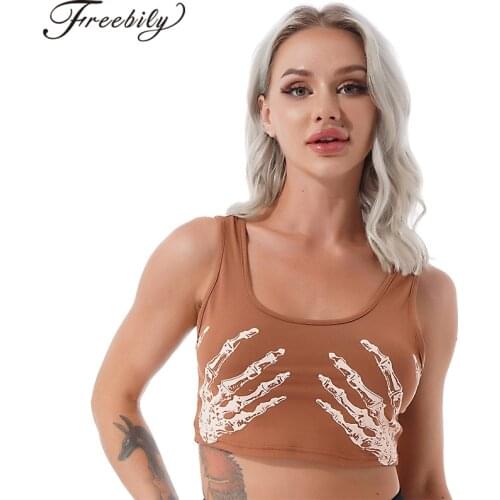 Fashion Women Summer Modern Dance Top U Neck Sleeveless Halloween Five-finger Skeleton Print Crop Vest Tops Casual Sportswear