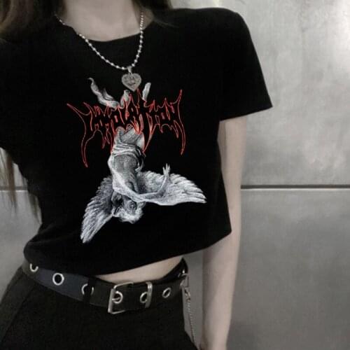 Ulzzang Kawaii Gothic Women T-shirts Hip Hop Fallen Angel Print Summer Short Sleeve Tees Harajuku Punk Y2K Short Crop Tops