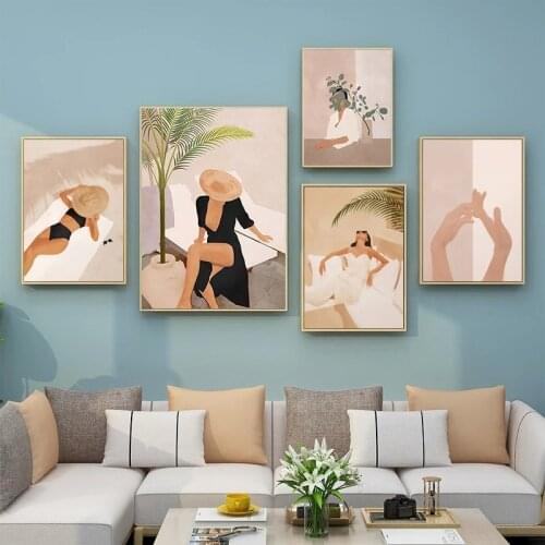 Vintage Sexy Woman Posters Nordic Wall Art Black Cat Leafs Canvas Print Poster and Print Wall Pictures for Home Figure Painting