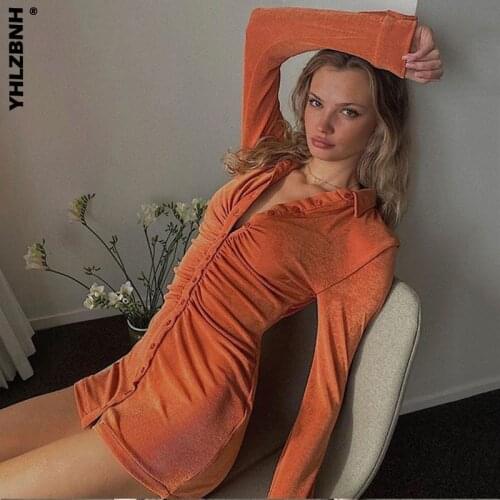 YHLZBNH Autumn 2020 Women Solid Skinny Shirt Dress Vintage Sexy Long Sleeve Button Mini Dresses Femme Vestido