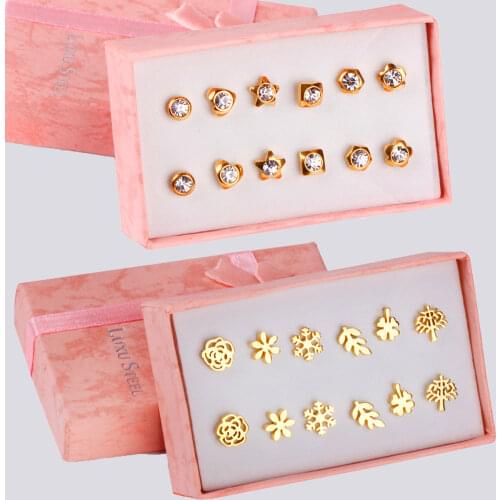 6Pair/Box Mixing Earrings Cubic Zirconia Ear Studs 316L Stainless Steel Anti-allergy Gold Silver Color Jewelry Accessories Gift
