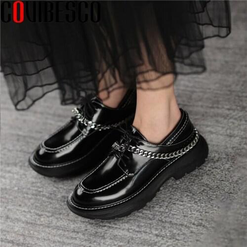COVIBESCO Genuine Leather Women Pumps Four Season Poplar Fashion Casual 2021 Newest Chain Round Toe Lace-Up Outdoor Shoes Woman