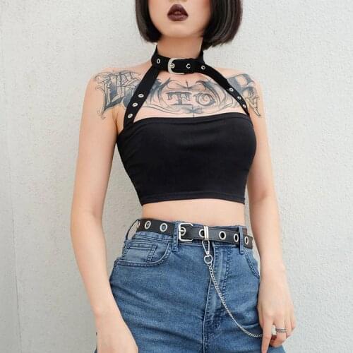 Womens Tube Top Sleeveless Harajuku Short Vest With Necklace Crop Tops Sexy Ladies Halter Summer Camis Top Black Gothic Tank