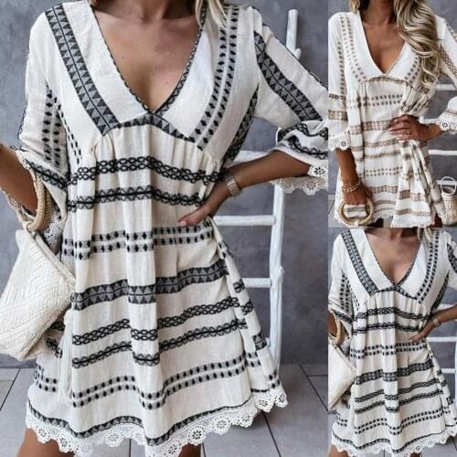 2 Colors Beach Women Flared Sleeve Dress Vintage Summer Dress Flared Sleeve for Beach