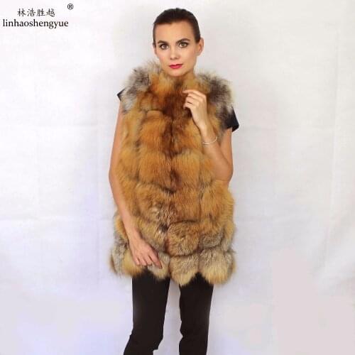 Linhaoshengyue Real Red Fox Natural Fur Vest Natural Fox Fur Women Vest Real Natural Fox Fur