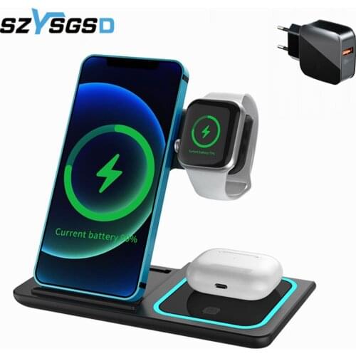 15W Qi Fast Wireless Charger Stand For iPhone 12 11 XR X 8 Apple Watch 4 in 1 Charging Dock Station for Airpods Pro iWatch 6 5 4