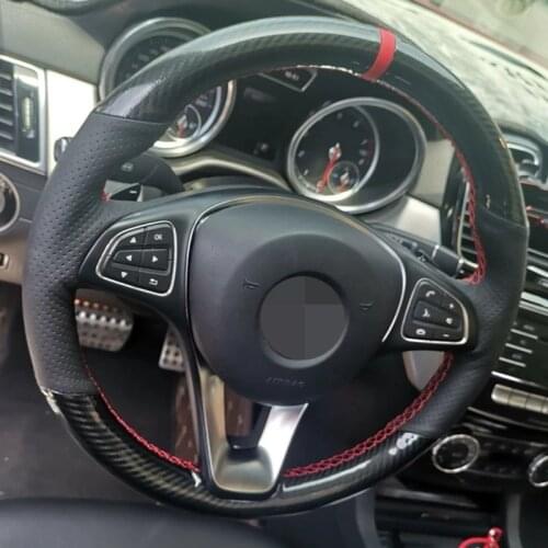 DIY Hand-Stitched Soft Black Genuine Leather Carbon Fiber Car Steering Wheel Cover For Mercedes-Benz W176 A180 A200 B180 B200