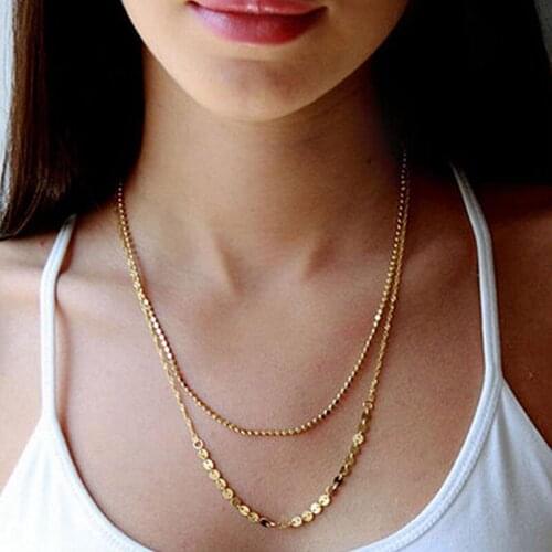 Aonani Double Layered Gold Sequin Double Strand Necklace,Layering Disc , Boho Necklace, Beach Jewelry