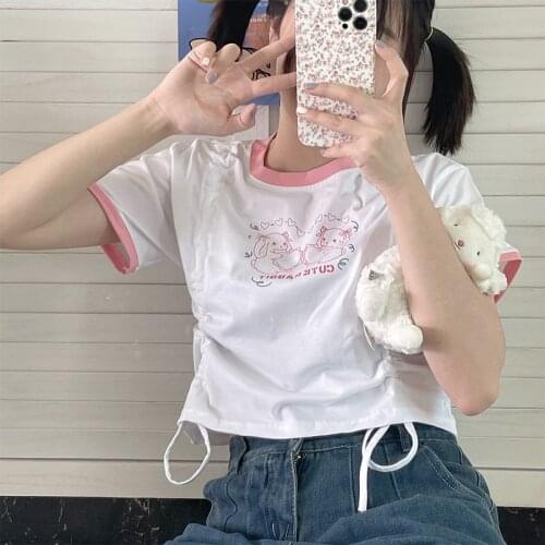 Sweet Soft Girls Short-Sleeved T-Shirt Japanese Cute O-Neck Loose Top Summer Kawaii Cartoon Printing Street Student Clothing