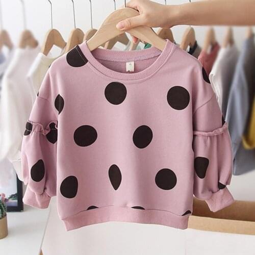 Korean Baby Kid Girls Sweatshirt Personality Cotton Long Sleeve Splicing Autumn Dot Printing Ruffled Round Neck Jumper