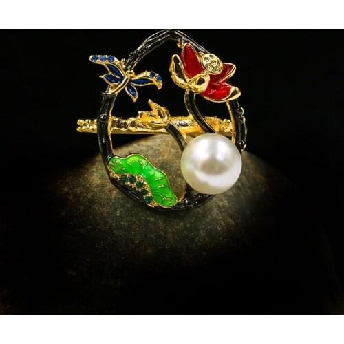 Dainty Female White Pearl Thin Ring Vintage 14KT Black Gold Wedding Ring Classic Hollow Flower Engagement Big Rings For Women