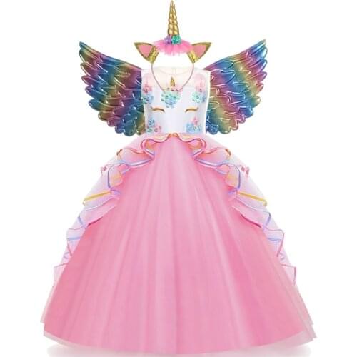 Girls Unicorn Costume Kids Flower Appliques Ball Gown Princess Dresses Elegant Party Dress Children Clothing Birthday Gift