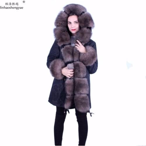 Linhaoshengyue Fashion Women Long Parka Coat with Hood Fox Fur Collar Mink Fur Linink