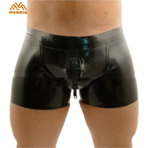 MONNIK latexSexy Latex Men Boxer Panties Crotch Zipper Rubber Shorts Underwear Clubwear