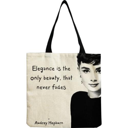 Audrey Hepburn Quotes Classy Handbag Linen Large Capacity High Quality Shoulder Tote Letter Shopping Bag Female Custom Pattern