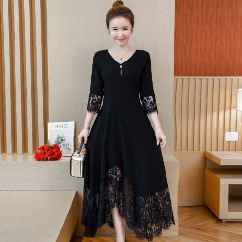 Women 2020 Spring Autumn Elegant Casual Dress Female Lace Patchwork Pleated Long Sleeve V-Neck Dresses Ladies Slim Vestidos T426