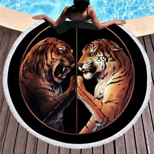 Tiger Printed Microfiber Beach Towel for Adult Yoga Mat Tassel Blanket Soft Large Round Towel 150cm Tapestry Home Decor